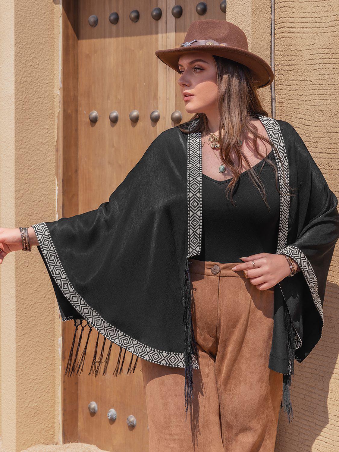 Open Front Fringe Hem Plus Size Black Cardigan - MXSTUDIO.COM