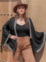 Open Front Fringe Hem Plus Size Black Cardigan - MXSTUDIO.COM