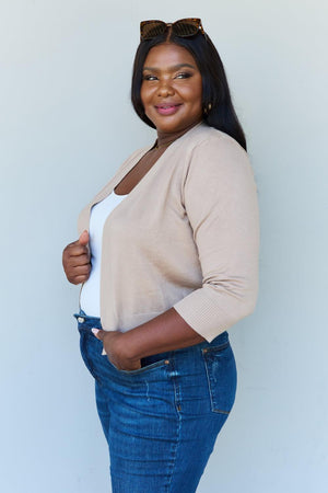 Open Front Khaki Plus Size Cropped Cardigan - MXSTUDIO.COM