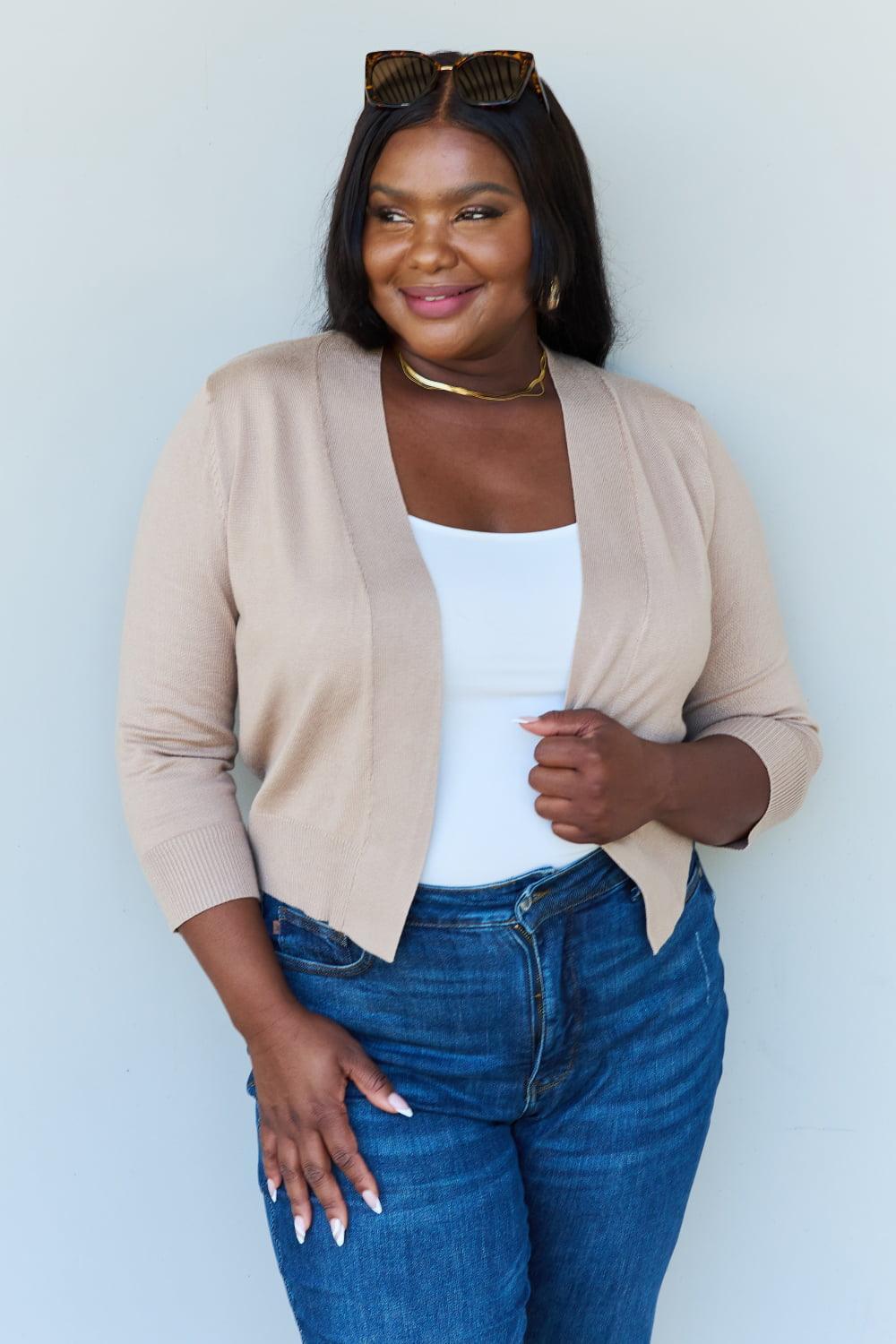 Open Front Khaki Plus Size Cropped Cardigan - MXSTUDIO.COM