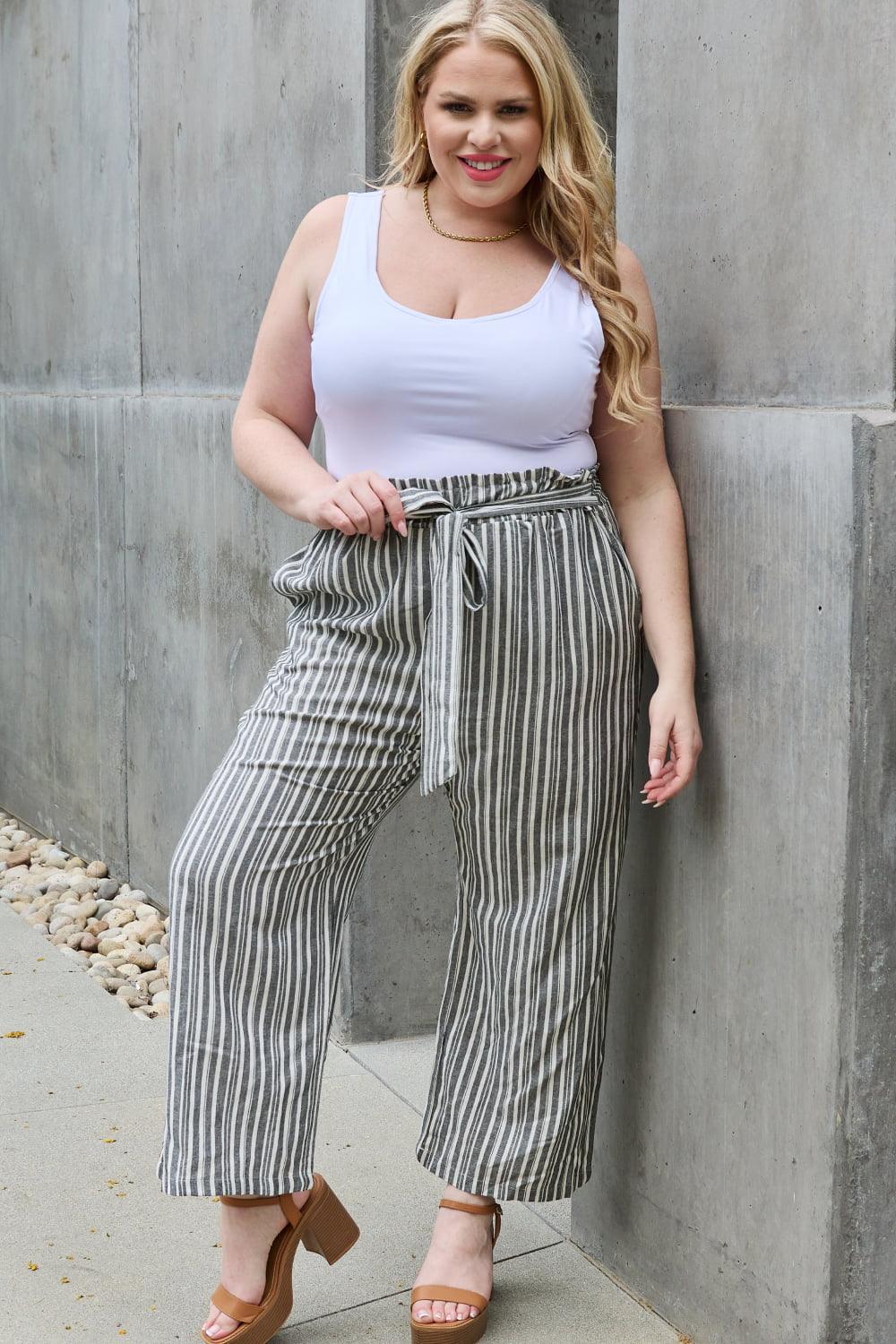 Open-Minded Striped Plus Size Paperbag Pants - MXSTUDIO.COM