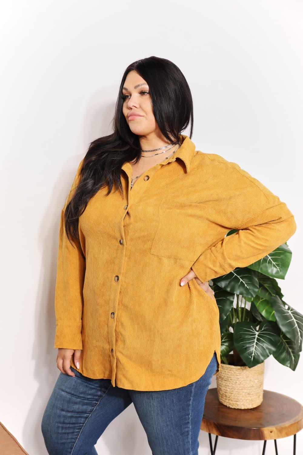 Oversized Mustard Corduroy Plus Size Tunic Shirt - MXSTUDIO.COM