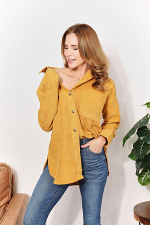 Oversized Mustard Corduroy Plus Size Tunic Shirt - MXSTUDIO.COM