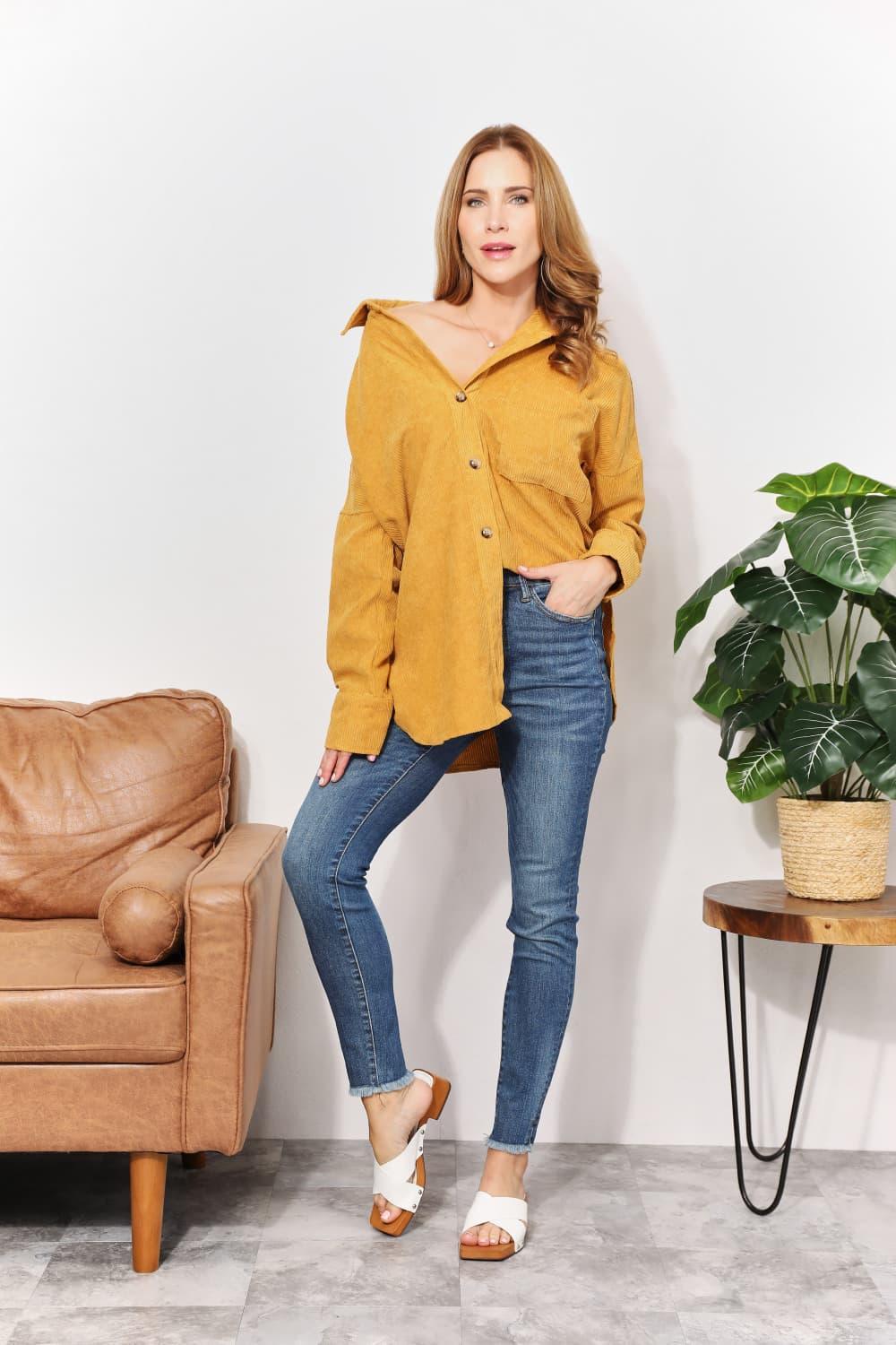 Oversized Mustard Corduroy Plus Size Tunic Shirt - MXSTUDIO.COM