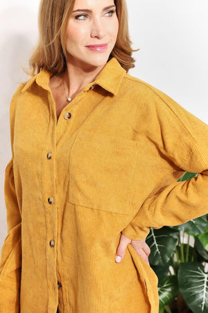 Oversized Mustard Corduroy Plus Size Tunic Shirt - MXSTUDIO.COM