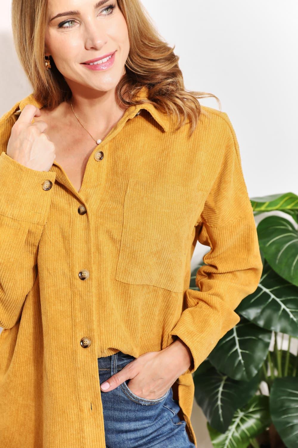 Oversized Mustard Corduroy Plus Size Tunic Shirt - MXSTUDIO.COM