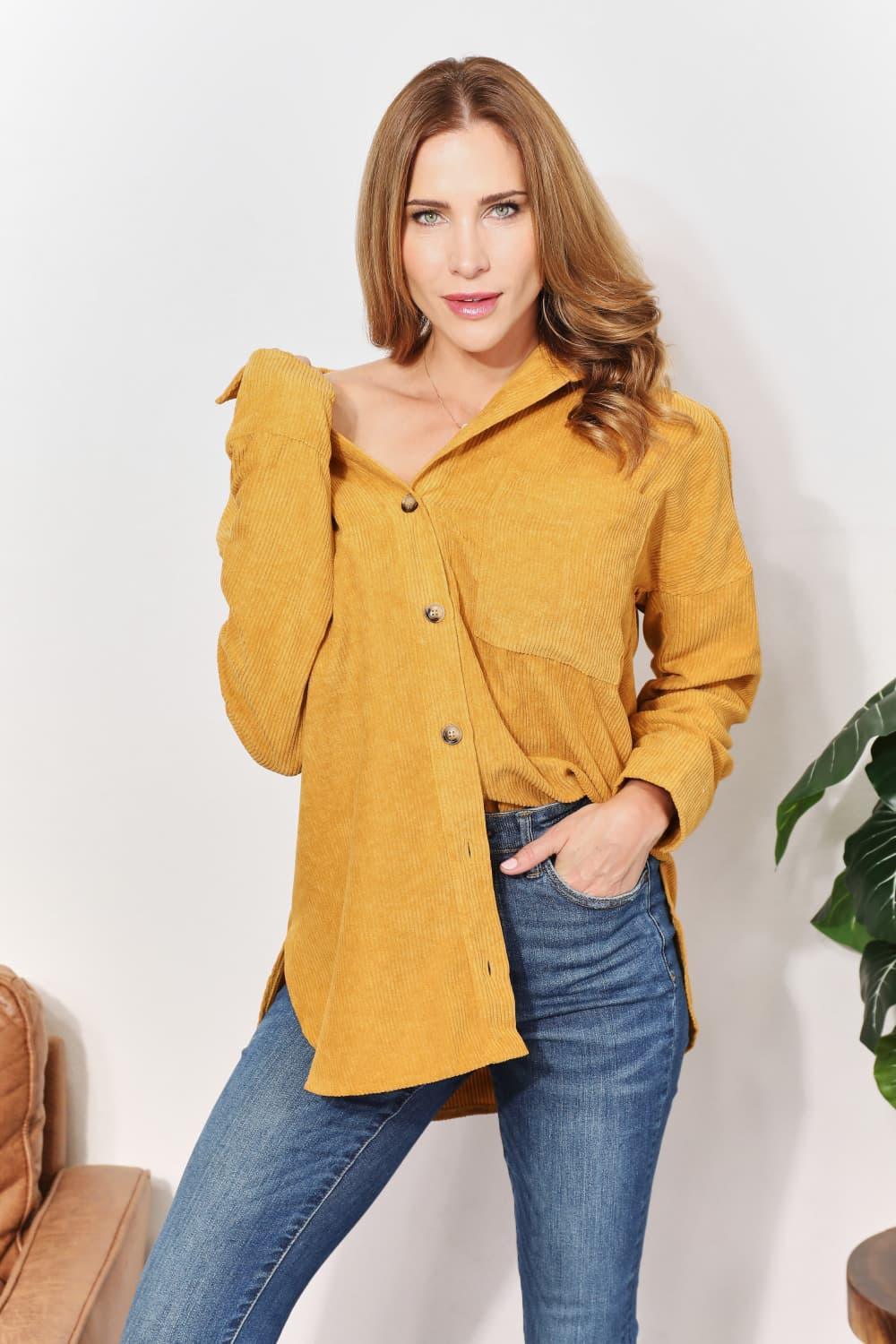 Oversized Mustard Corduroy Plus Size Tunic Shirt - MXSTUDIO.COM