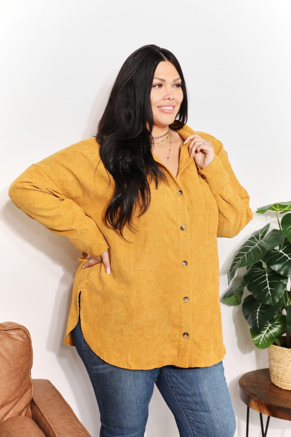 Oversized Mustard Corduroy Plus Size Tunic Shirt - MXSTUDIO.COM