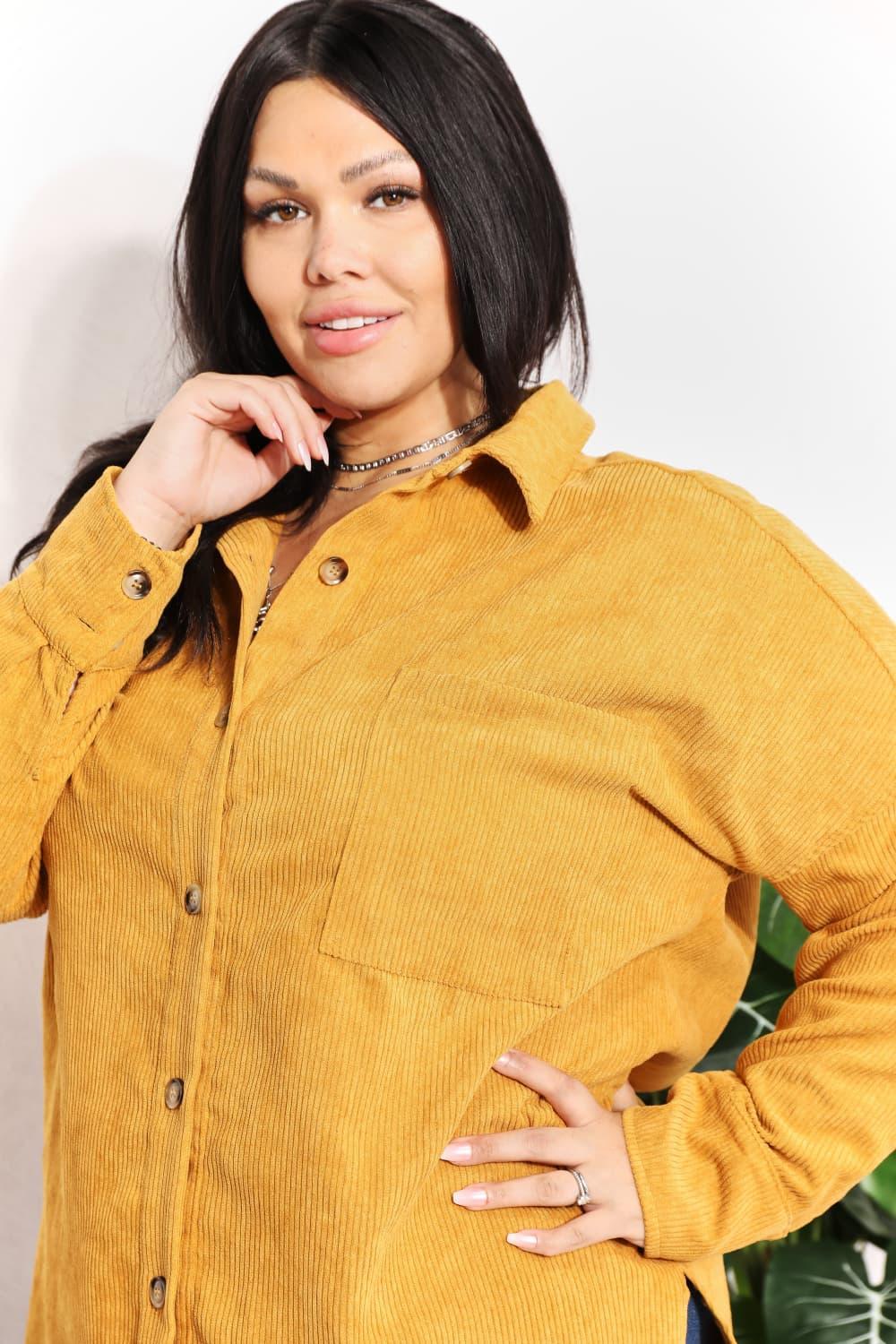 Oversized Mustard Corduroy Plus Size Tunic Shirt - MXSTUDIO.COM