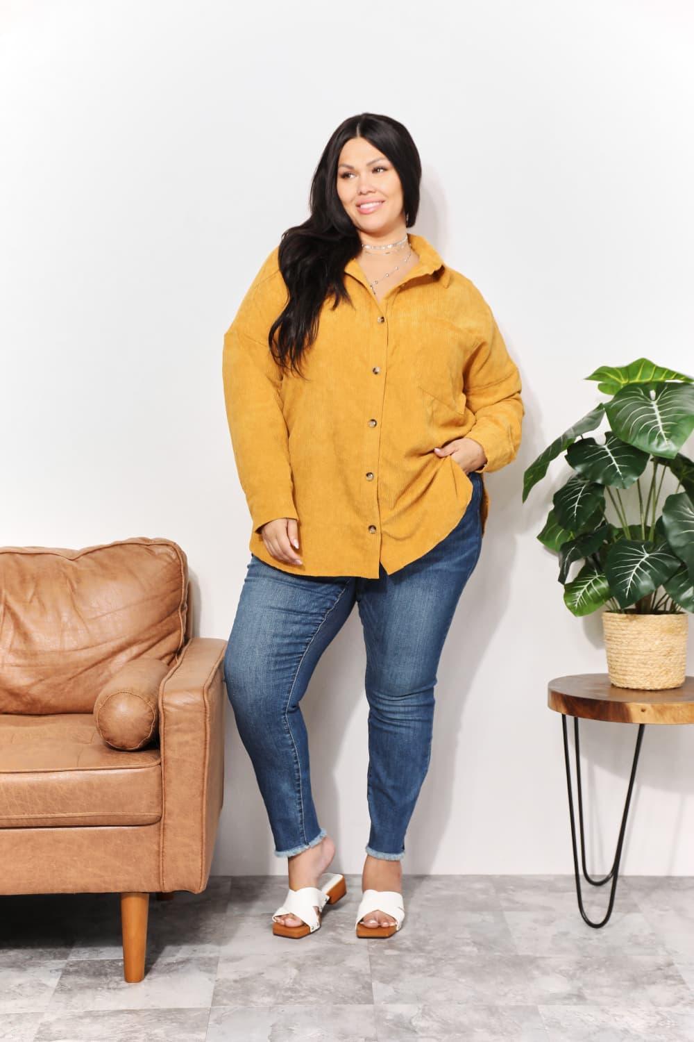 Oversized Mustard Corduroy Plus Size Tunic Shirt - MXSTUDIO.COM