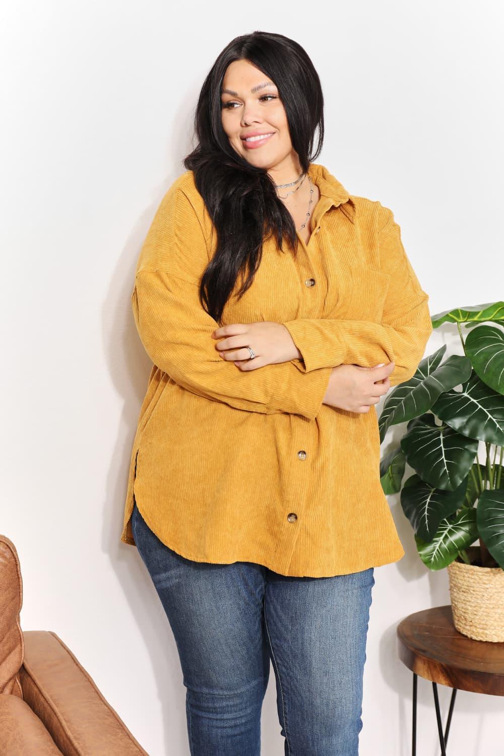 Oversized Mustard Corduroy Plus Size Tunic Shirt - MXSTUDIO.COM