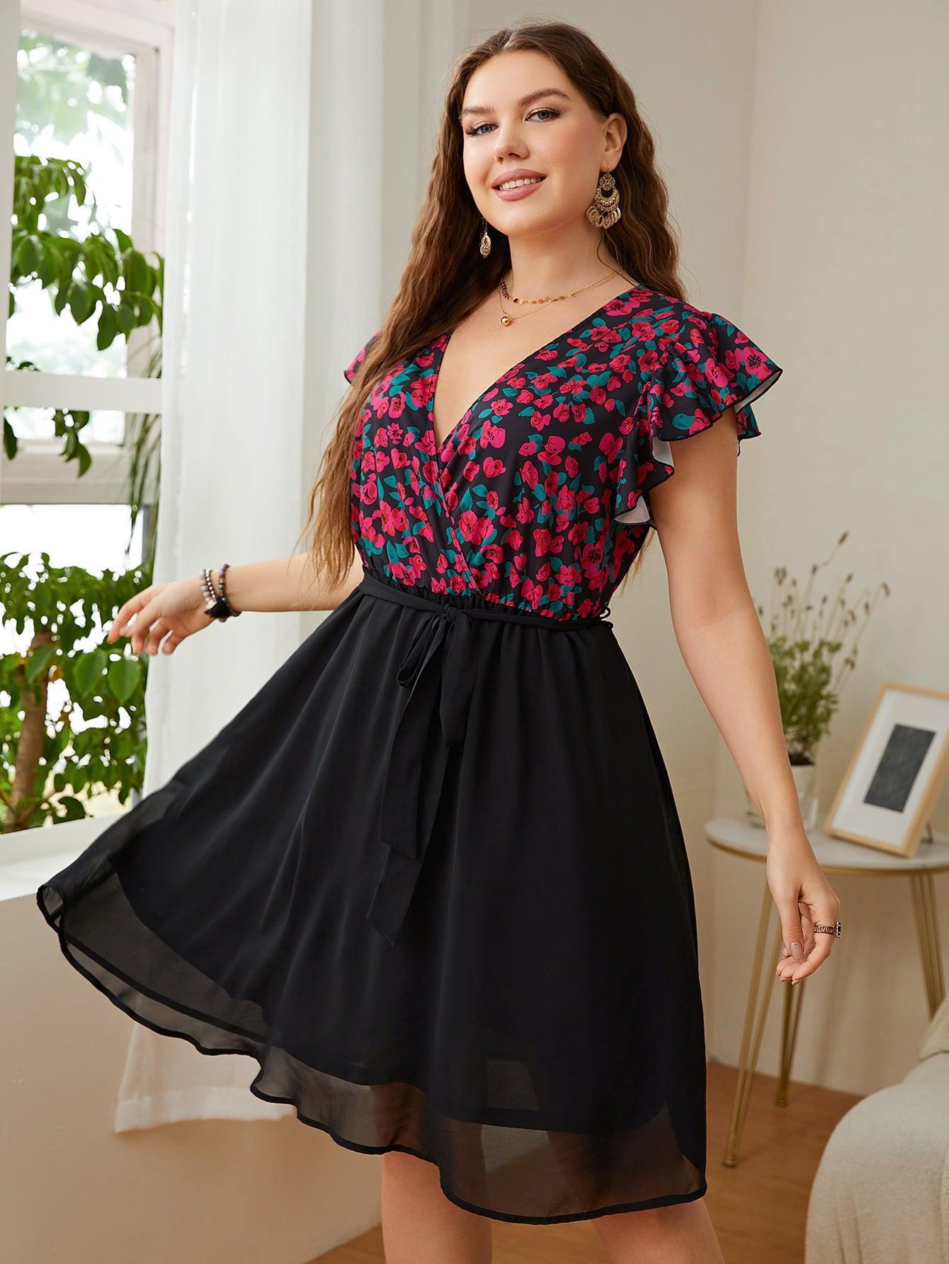 Overwhelming Freshness Plus Size Flutter Sleeve Dress - MXSTUDIO.COM