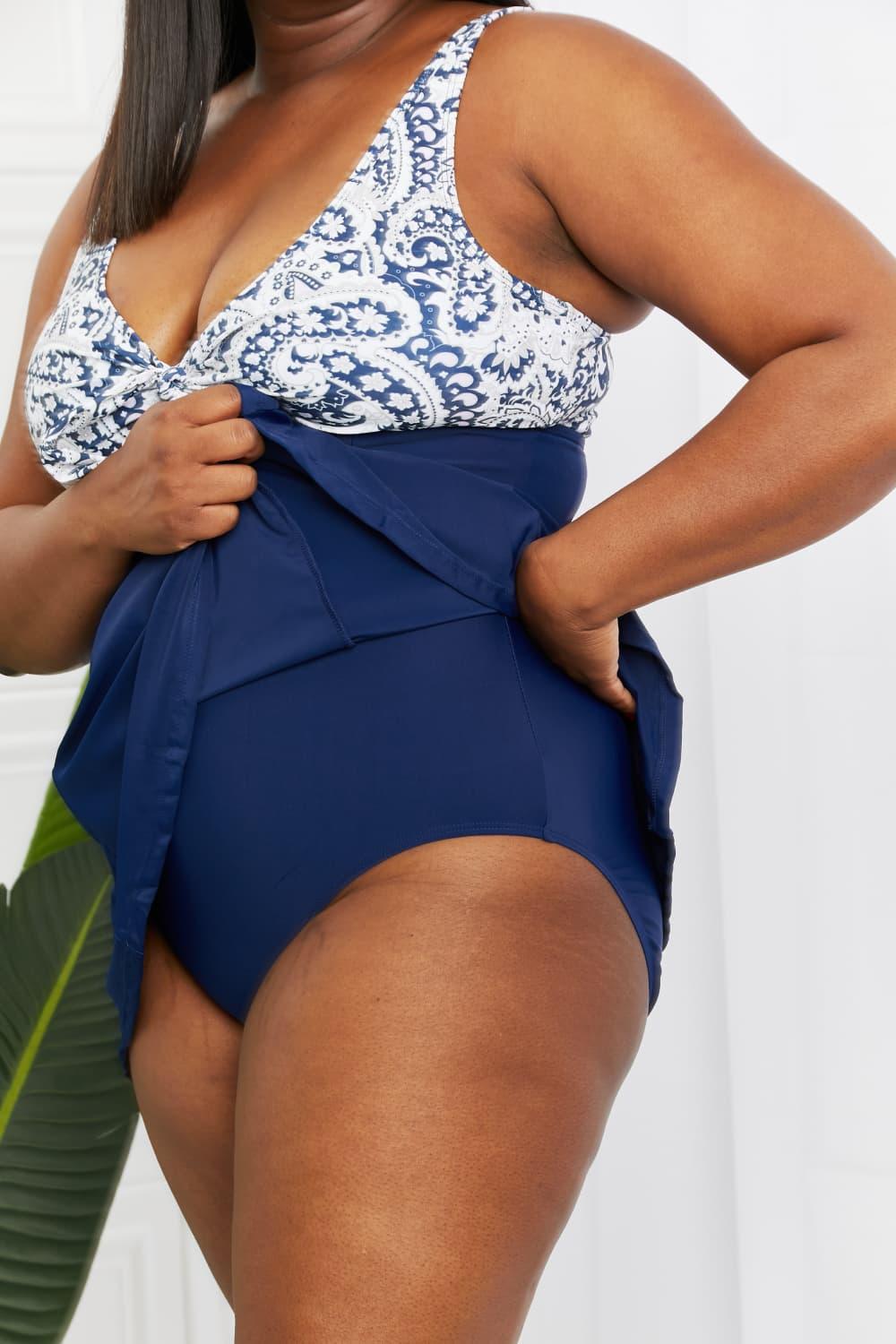 Paisley Print Navy V-Neck Plus Size Swim Dress - MXSTUDIO.COM