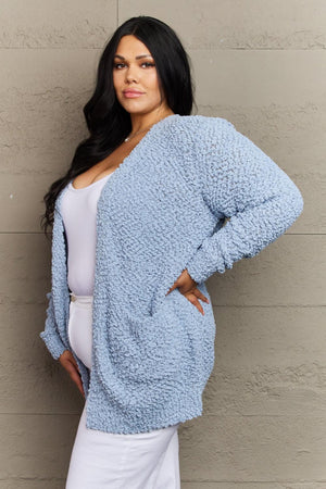 Pastel Blue Popcorn Knit Plus Size Open Front Cardigan - MXSTUDIO.COM