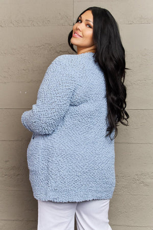 Pastel Blue Popcorn Knit Plus Size Open Front Cardigan - MXSTUDIO.COM