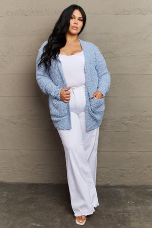 Pastel Blue Popcorn Knit Plus Size Open Front Cardigan - MXSTUDIO.COM