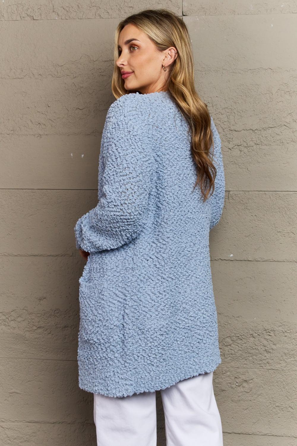 Pastel Blue Popcorn Knit Plus Size Open Front Cardigan - MXSTUDIO.COM