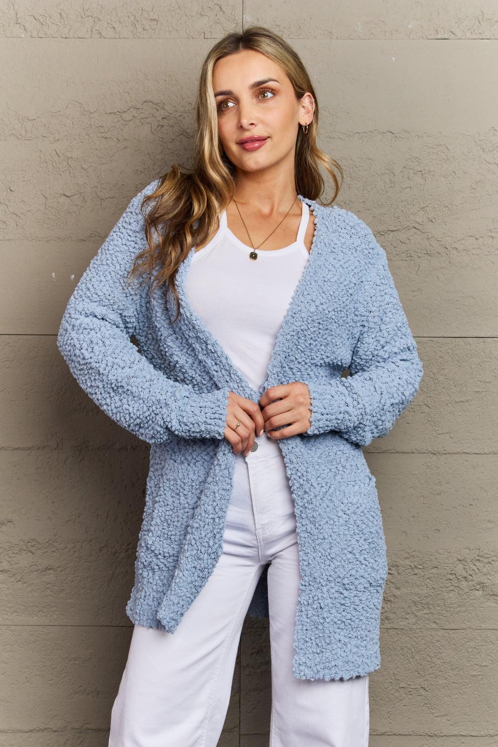 Pastel Blue Popcorn Knit Plus Size Open Front Cardigan - MXSTUDIO.COM