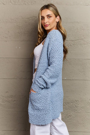 Pastel Blue Popcorn Knit Plus Size Open Front Cardigan - MXSTUDIO.COM