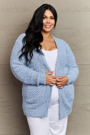 Pastel Blue Popcorn Knit Plus Size Open Front Cardigan - MXSTUDIO.COM