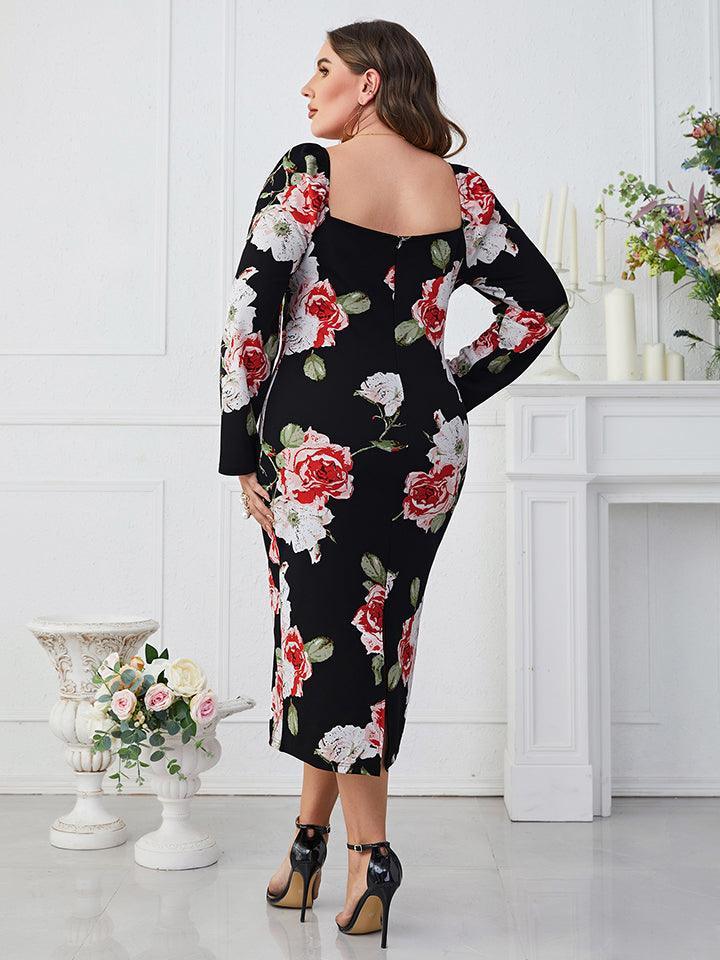Perfect Fit Midi Plus Size Long Sleeve Floral Dress - MXSTUDIO.COM