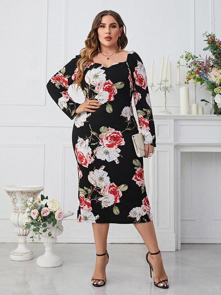 Perfect Fit Midi Plus Size Long Sleeve Floral Dress - MXSTUDIO.COM