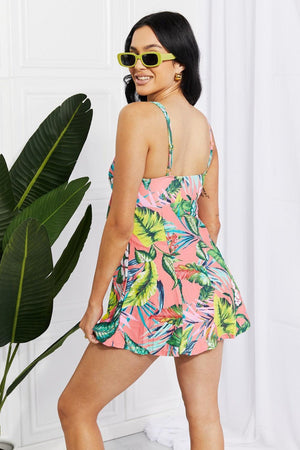 Plus Size Botanical Print Coral Swim Dress With Shorts - MXSTUDIO.COM