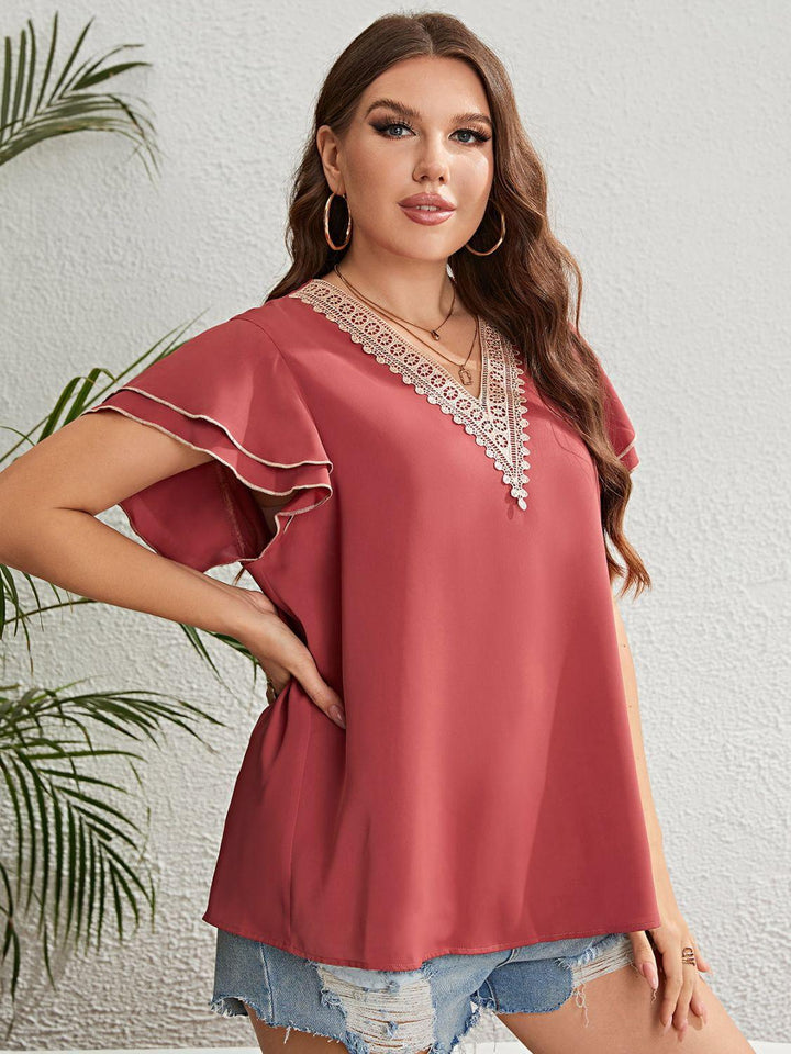 Plus Size Contrast V-Neck Layered Flutter Sleeve Blouse - MXSTUDIO.COM