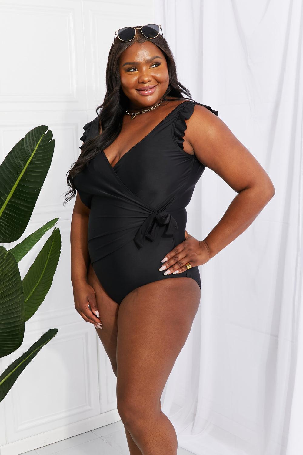 Plus Size Faux Wrap Sexy Black One Piece Swimsuit - MXSTUDIO.COM