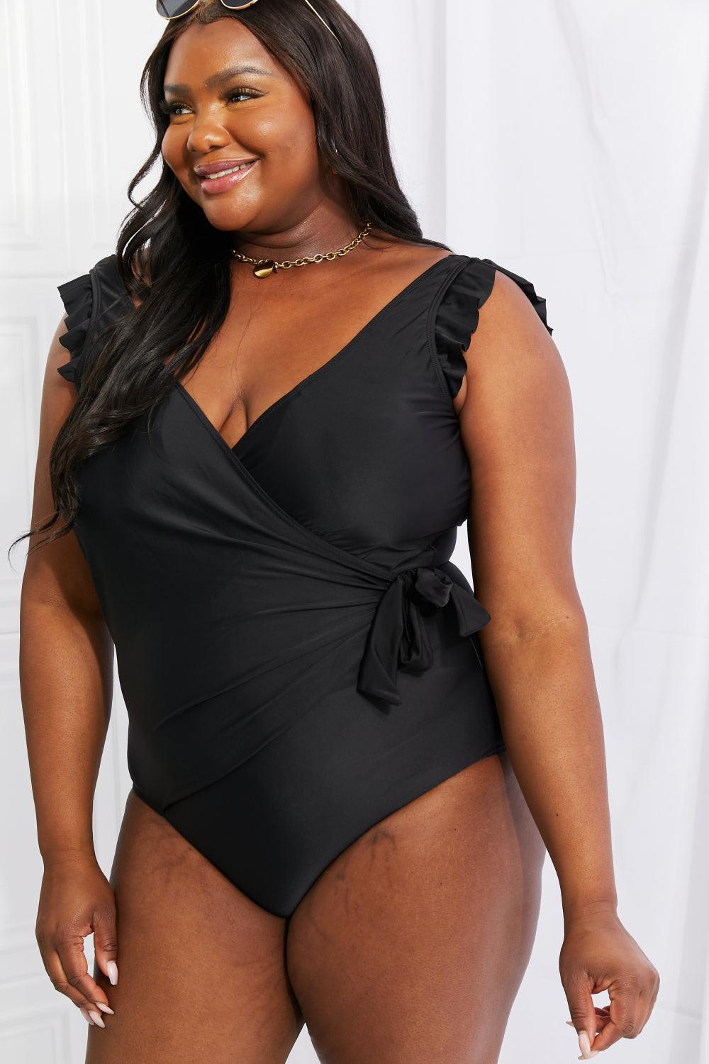 Plus Size Faux Wrap Sexy Black One Piece Swimsuit - MXSTUDIO.COM