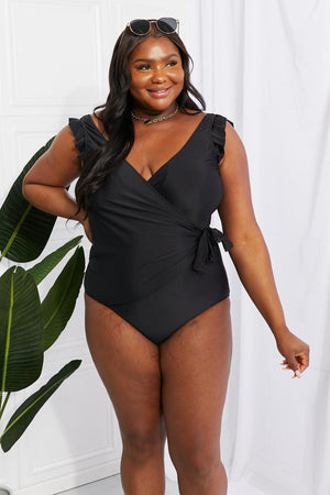 Plus Size Faux Wrap Sexy Black One Piece Swimsuit - MXSTUDIO.COM