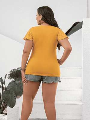 Plus Size Flutter Sleeve Mustard Tie Neck Blouse - MXSTUDIO.COM