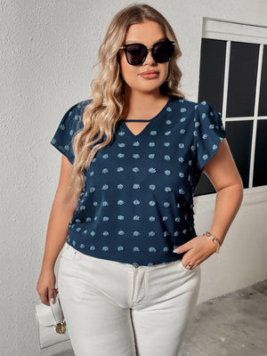 Plus Size Flutter Sleeve Swiss Dot Blouse - MXSTUDIO.COM