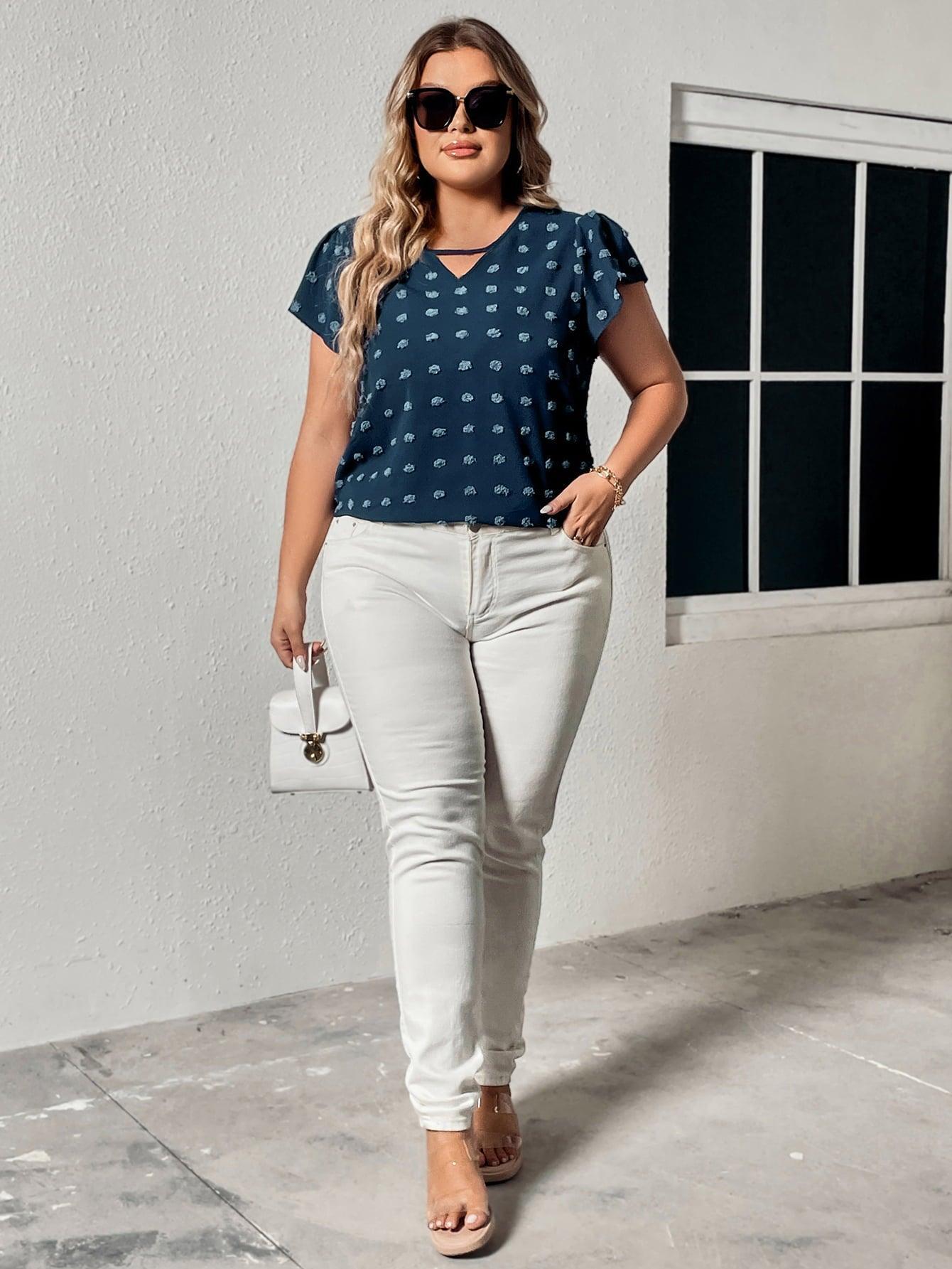 Plus Size Flutter Sleeve Swiss Dot Blouse - MXSTUDIO.COM