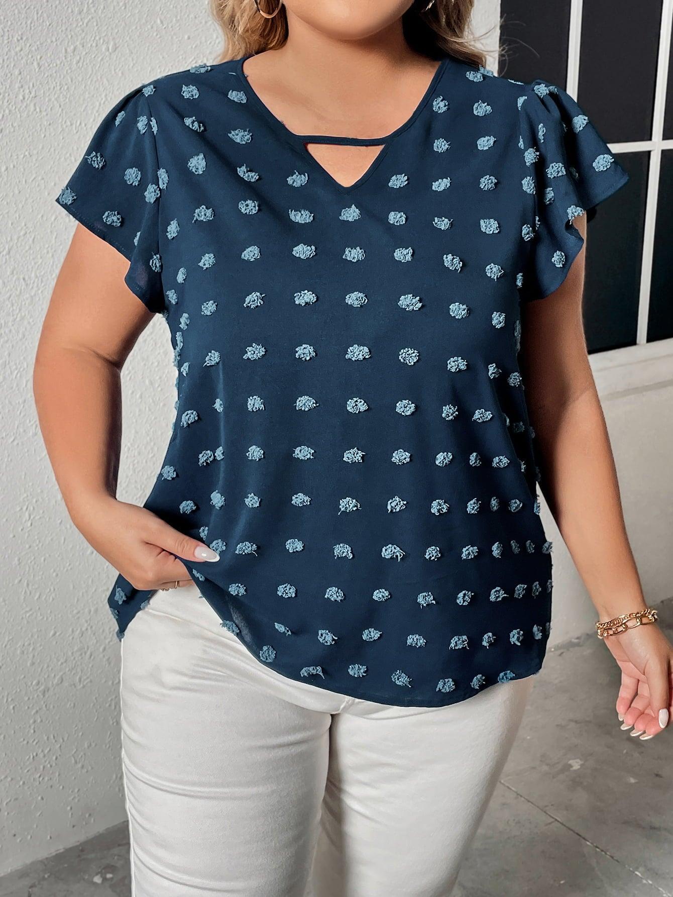 Plus Size Flutter Sleeve Swiss Dot Blouse - MXSTUDIO.COM