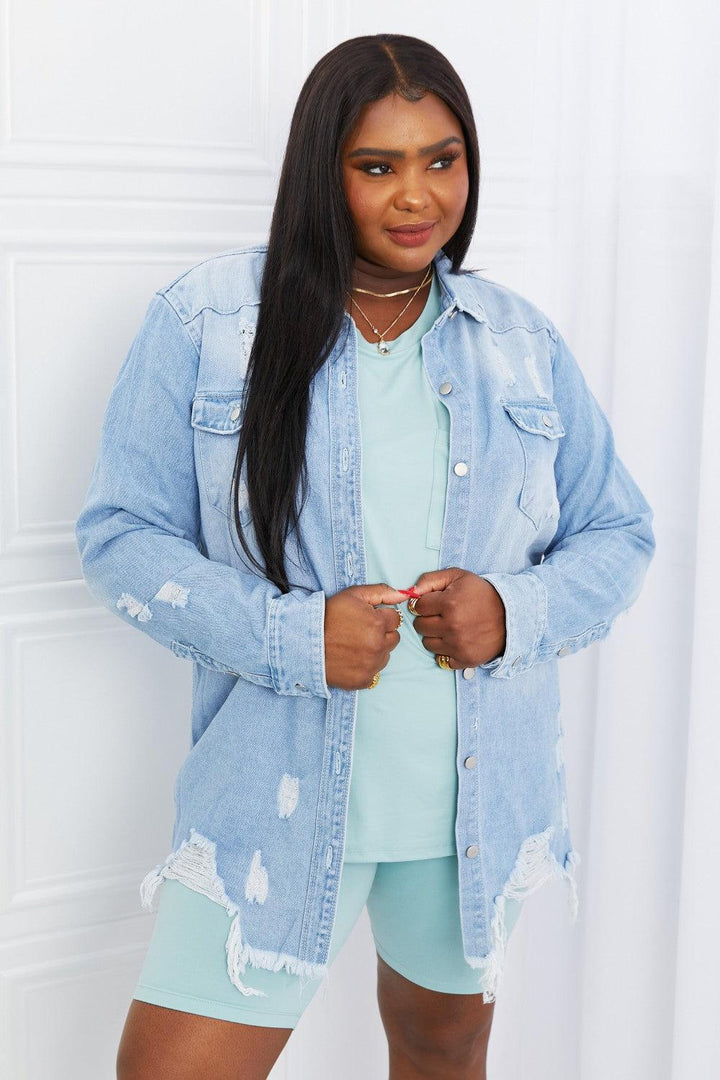 Plus Size Frayed Hem Denim Jacket - MXSTUDIO.COM