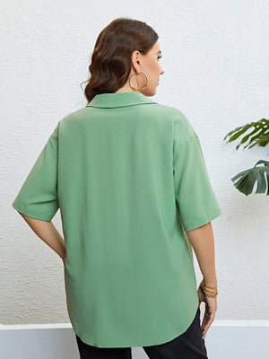 Plus Size Half Sleeve Green Women's Johnny Collar Shirt - MXSTUDIO.COM
