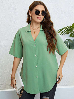 Plus Size Half Sleeve Green Women's Johnny Collar Shirt - MXSTUDIO.COM