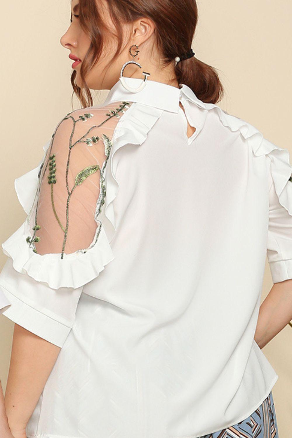 Plus Size Half Sleeves Embroidered Floral White Blouse - MXSTUDIO.COM