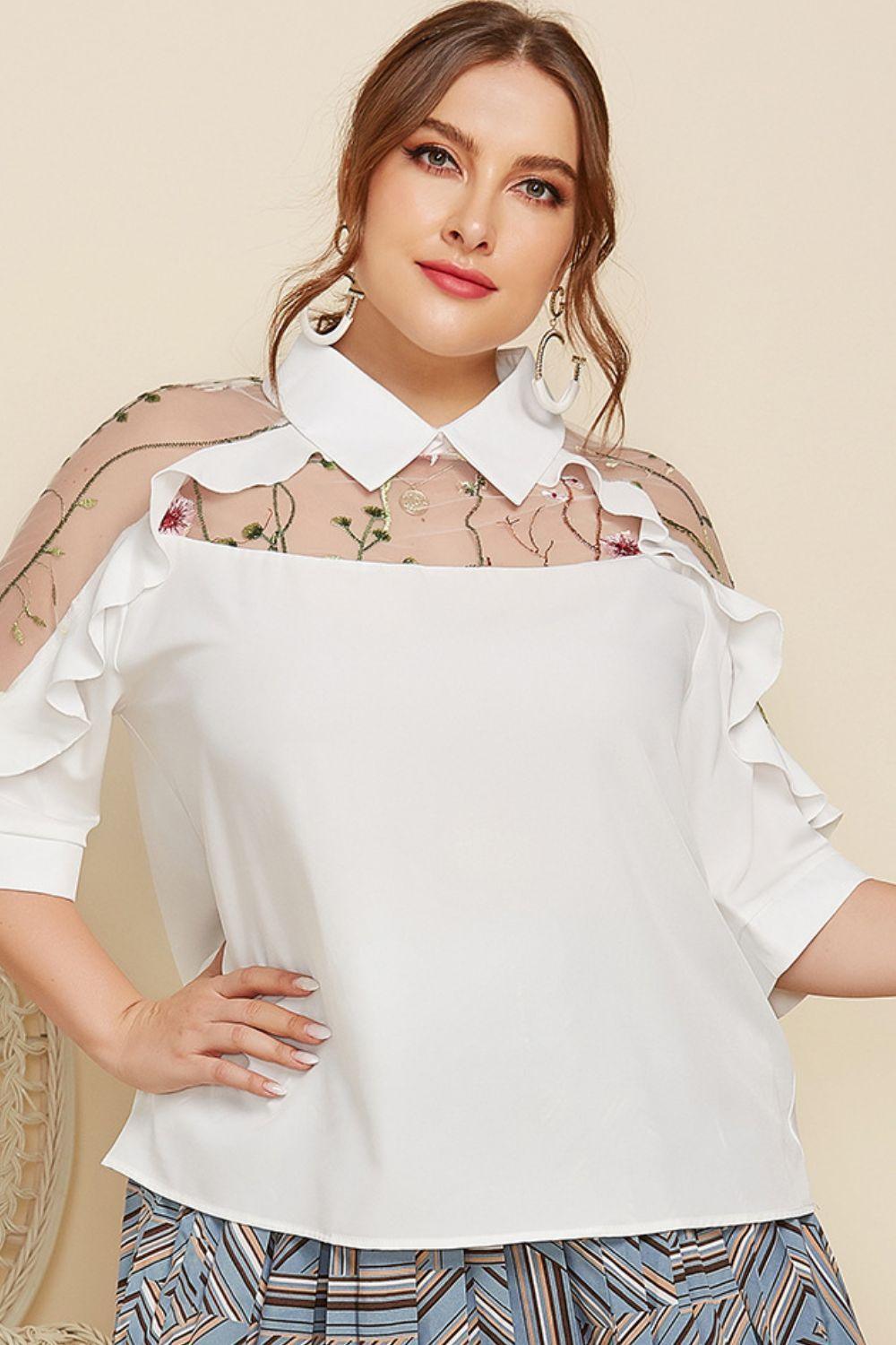 Plus Size Half Sleeves Embroidered Floral White Blouse - MXSTUDIO.COM