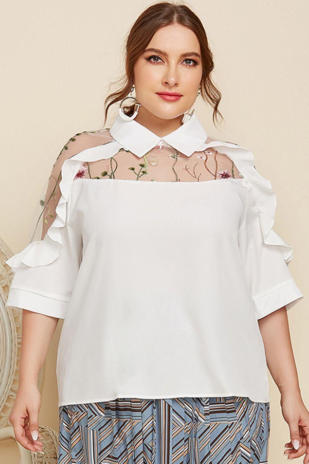 Plus Size Half Sleeves Embroidered Floral White Blouse - MXSTUDIO.COM