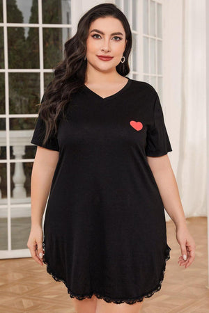 Plus Size Heart Graphic Lace Trim Black Night Dress - MXSTUDIO.COM