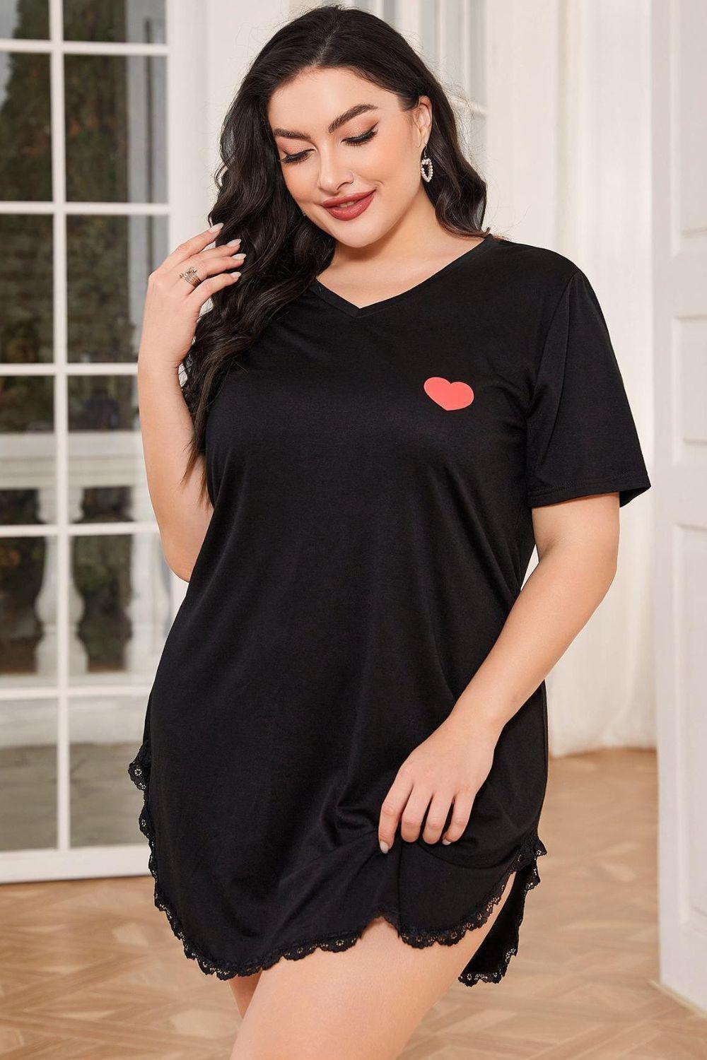 Plus Size Heart Graphic Lace Trim Black Night Dress - MXSTUDIO.COM