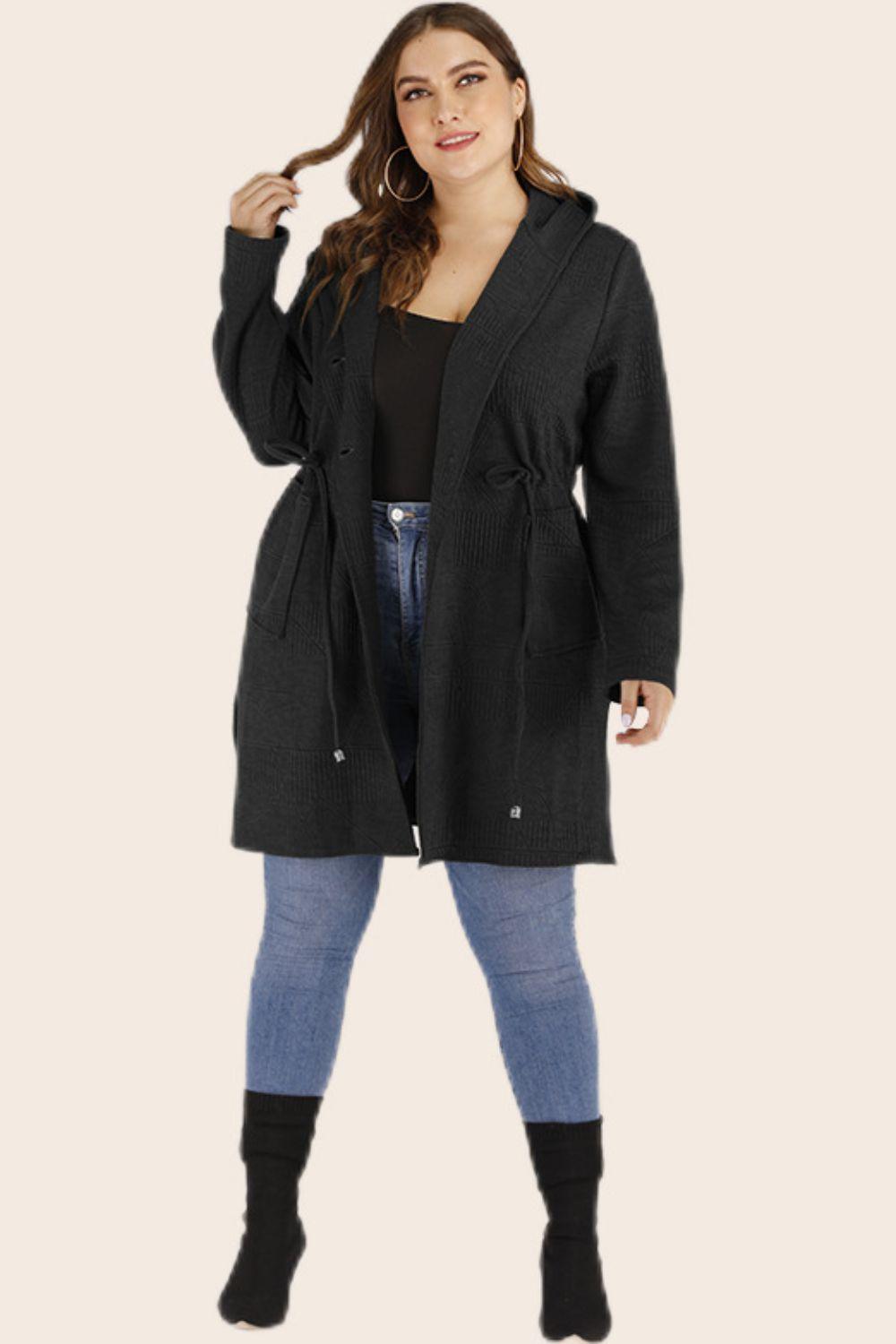 Plus Size Hooded Cardigan with Pockets - MXSTUDIO.COM