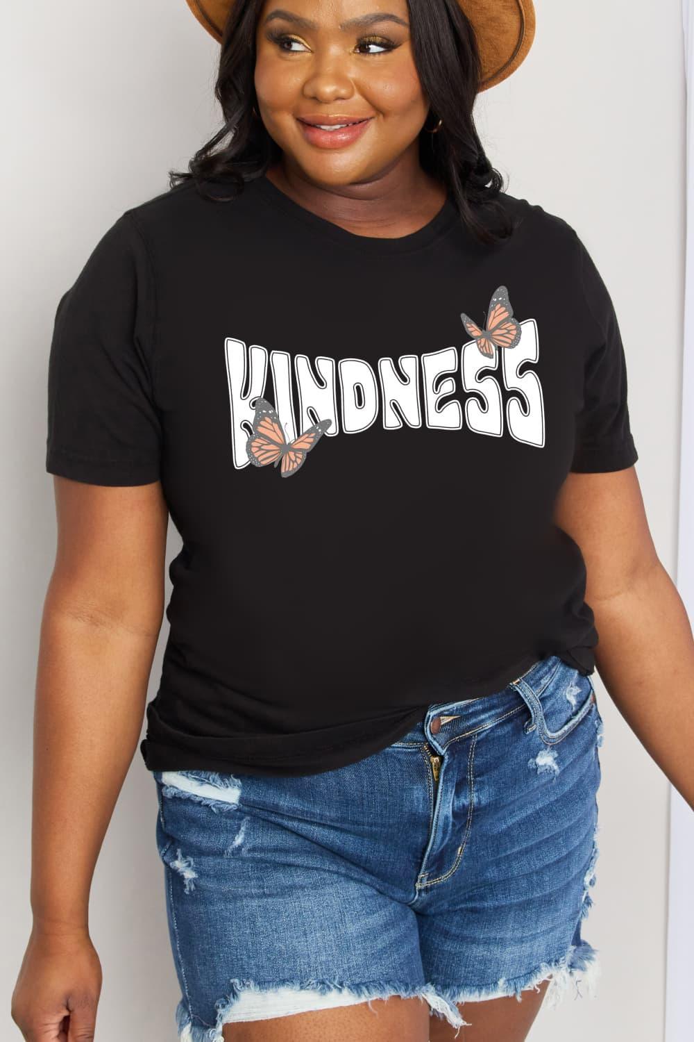 Plus Size KINDNESS Black Cotton Butterfly Graphic Tee - MXSTUDIO.COM