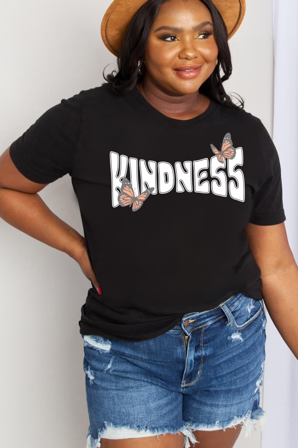 Plus Size KINDNESS Black Cotton Butterfly Graphic Tee - MXSTUDIO.COM