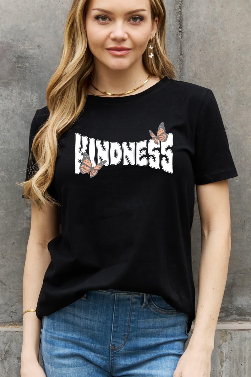 Plus Size KINDNESS Black Cotton Butterfly Graphic Tee - MXSTUDIO.COM