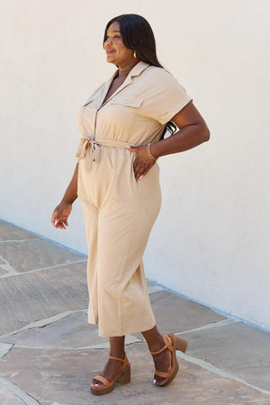 Plus Size Lapel Collar Waist Belted Tan Jumpsuit - MXSTUDIO.COM