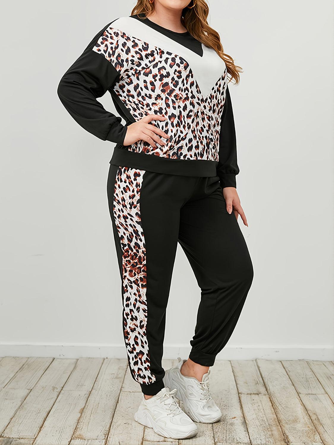 Plus Size Leopard Sweatshirt And Sweatpants Set - MXSTUDIO.COM