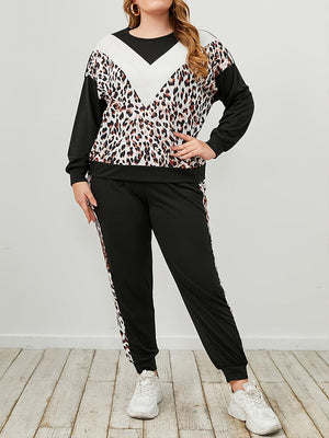 Plus Size Leopard Sweatshirt And Sweatpants Set - MXSTUDIO.COM